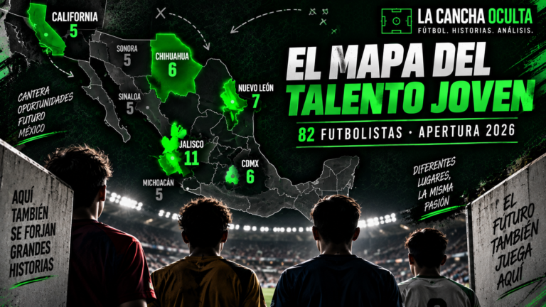 Mapa del talento joven Liga MX en el Apertura 2026, con Jalisco, Nuevo León, CDMX y Chihuahua como principales estados de origen.